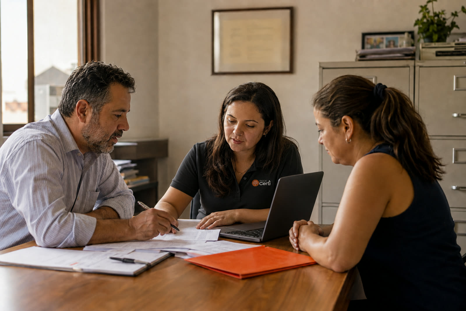 Equipe de um escritório contábil parceiro atendendo uma cliente